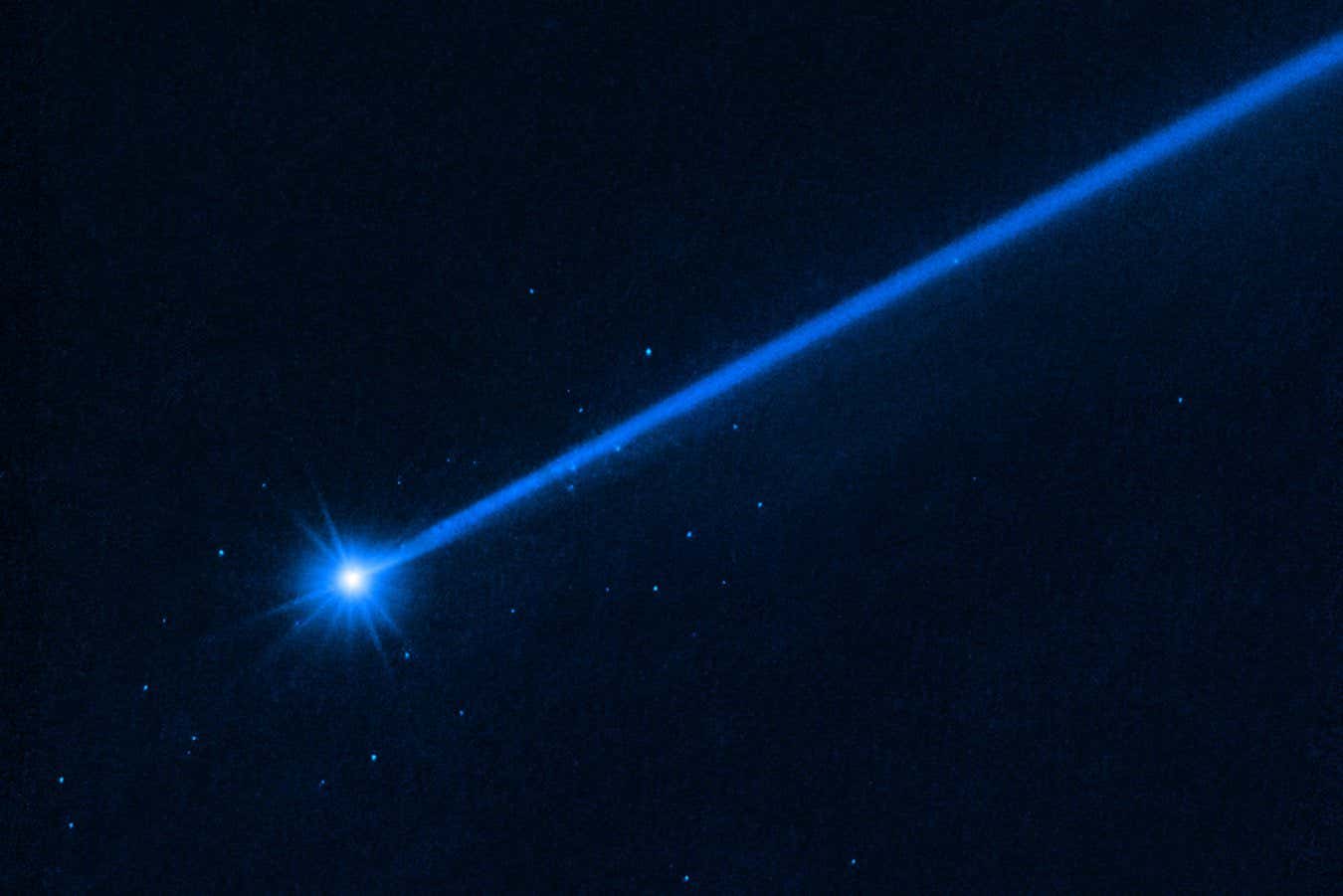 This Hubble Space Telescope image of the asteroid Dimorphos was taken on December 19, 2022, nearly four months after the asteroid was impacted by NASA?s DART mission (Double Asteroid Redirection Test). Hubble?s sensitivity reveals a few dozen boulders knocked off the asteroid by the force of the collision. These are among the faintest objects Hubble has ever photographed inside the solar system. The free-flung boulders range in size from three feet to 22 feet across, based on Hubble photometry. They are drifting away from the asteroid at a little more than a half-mile per hour. The discovery yields invaluable insights into the behavior of a small asteroid when it is hit by a projectile for the purpose of altering its trajectory.