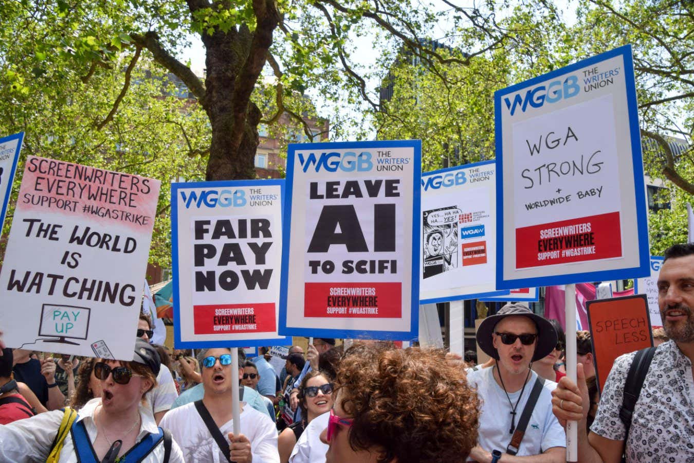 2R7B11F London, UK. 14th June 2023. UK screenwriters and Writers? Guild Of Great Britain (WGGB) members stage a rally in Leicester Square in solidarity with striking screenwriters in the USA. Credit: Vuk Valcic/Alamy Live News