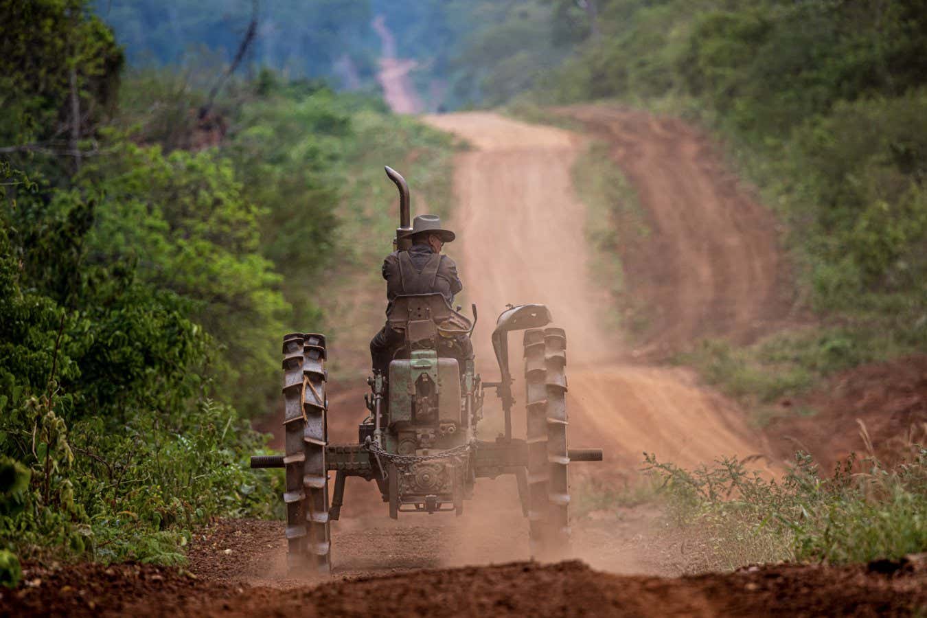 Mennonite minister mr. Abraham at Colony Santa Anita on his tractor with metal wheels. Colony Santa Anita, Bolivia