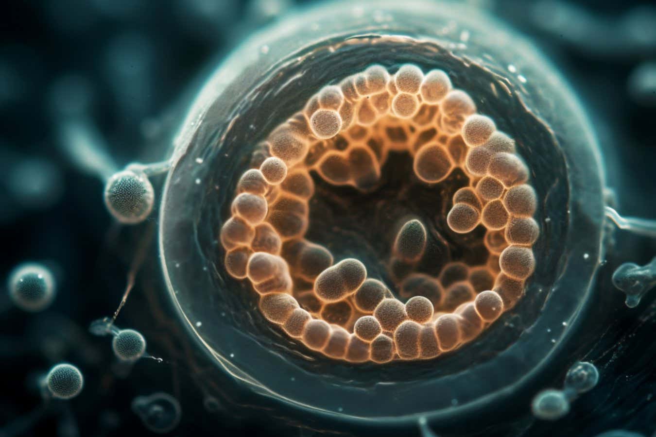 Illustration of a human embryo at the blastocyst stage approximately 5 to 9 days after fertilisation. The outer trophoblast layer (green) will implant into the wall of the uterus (endometrium) and go on to form the placenta. The inner fluid-filled cavity of the blastocyst is called the blastocoele. The inner cell mass (embryoblast, orange) will form the embryo.