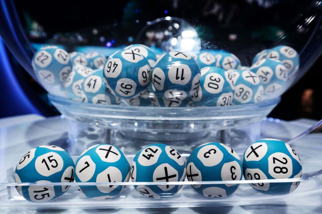 A picture taken on April 9, 2018 shows lottery balls used for the rehearsal of the distribution of the Loto lottery on the set of the 