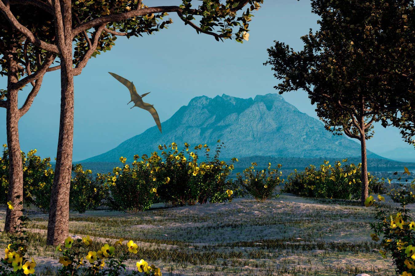 2H2KWF7 Flowers and trees during the Cretaceous period, illustration