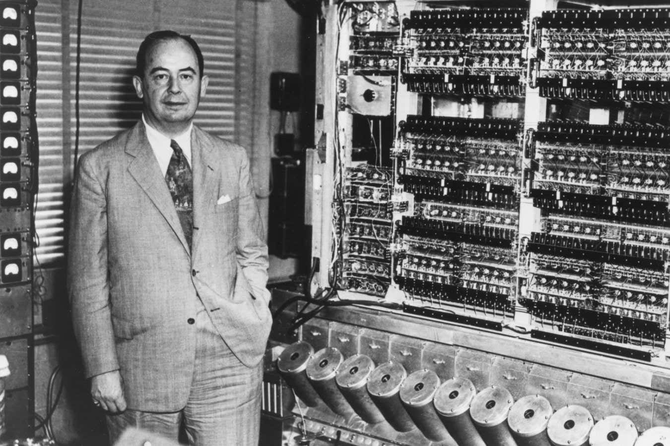 John von Neuman and the Institute for Advanced Study computer, a fully automatic, digital, all-purpose computing machine constructed by him and his team, 1945. (Photo by PhotoQuest/Getty Images)