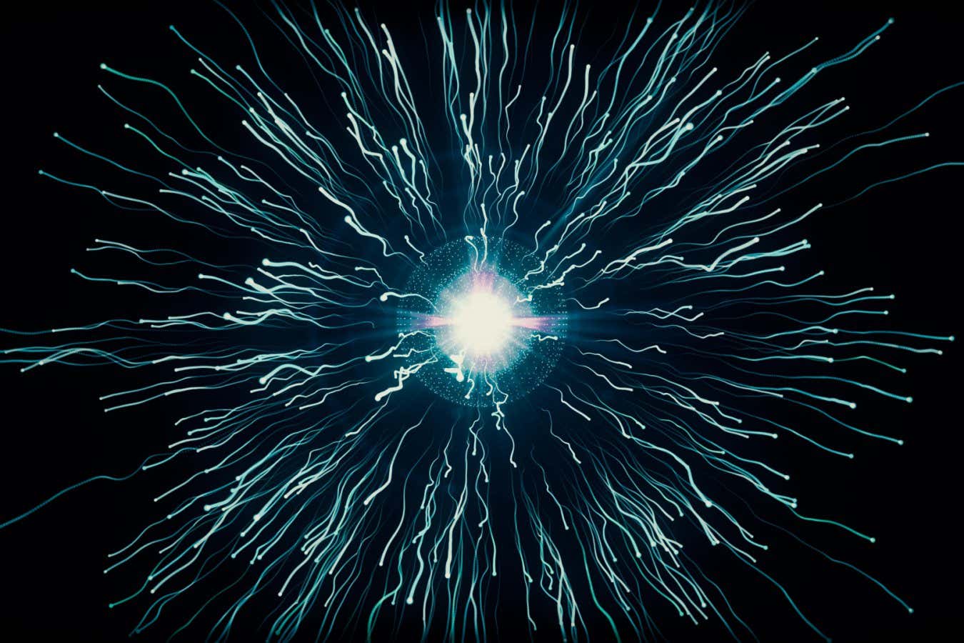 P90HYK Particle collision and explosion. Bright blue particles with streams collide and create explosion shockwave with trails. Spherical multicolored explos