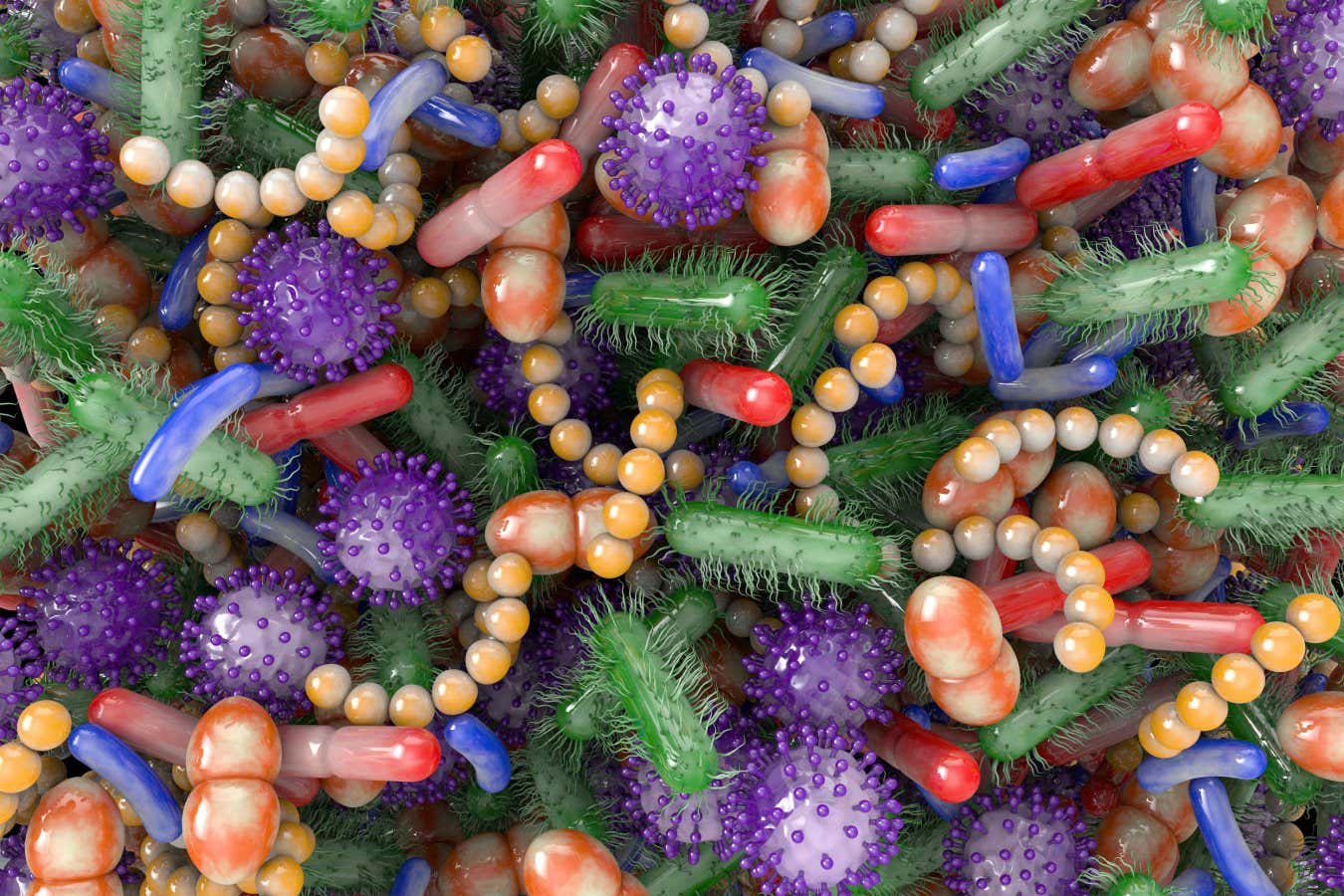 MYDPPD Conceptual illustration of human microbiome microbes. The microbiome is the collection of microbes found on and in the human body. Some of the microbes help to keep us healthy and it may be possible to transfer these good microbes (probiotics) from a donor to a patient to treat an illness.