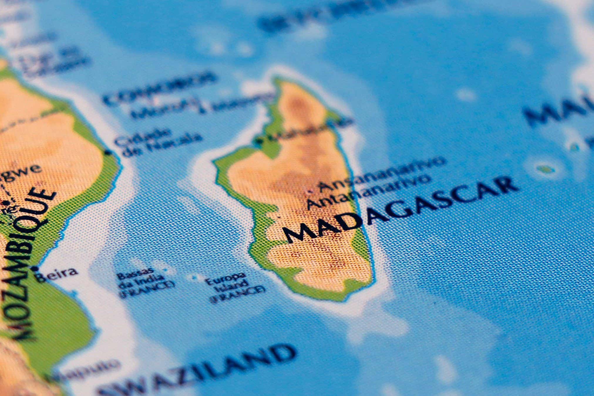 2REAK4A world map of african countries and arabian sea, madagascar island and zambia in close up focus