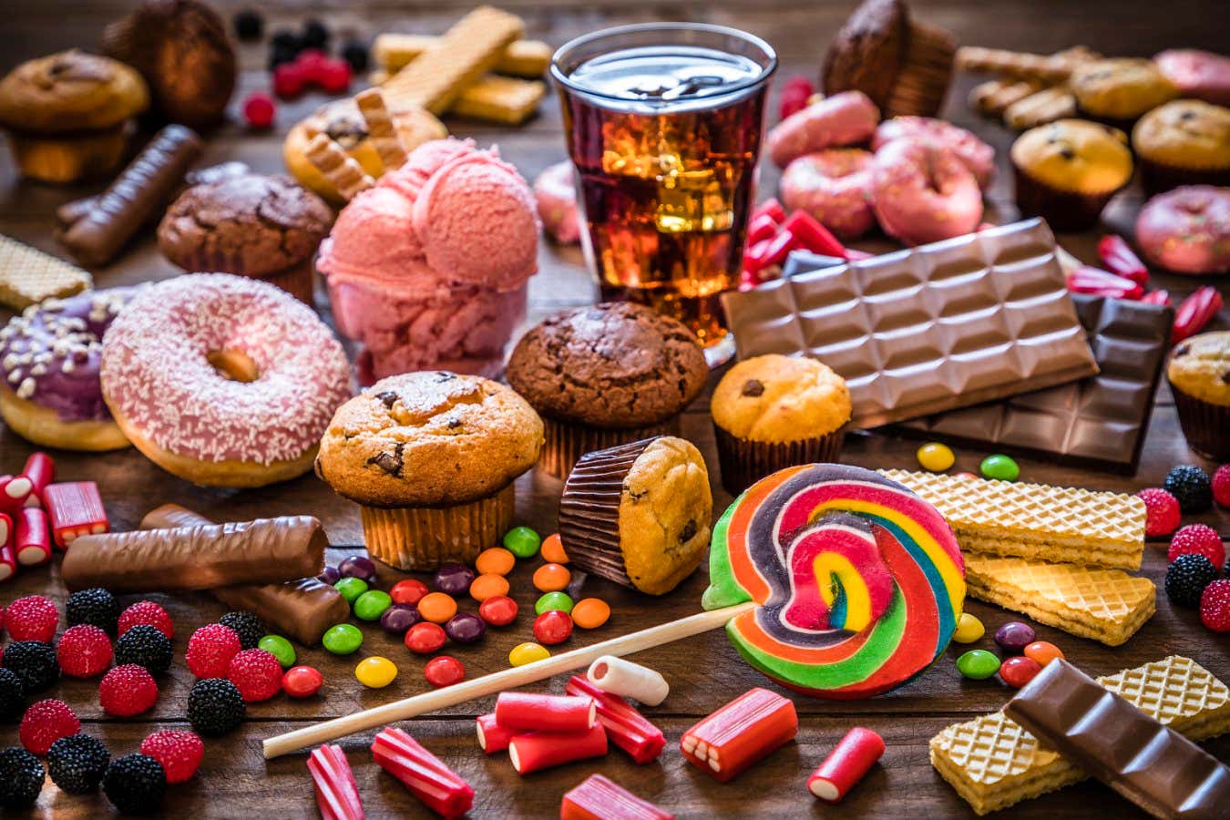 Assortment of products with high sugar level like candies, gummy candies, soda, donuts, chocolate, lollipop, wafers and cupcakes on a table.