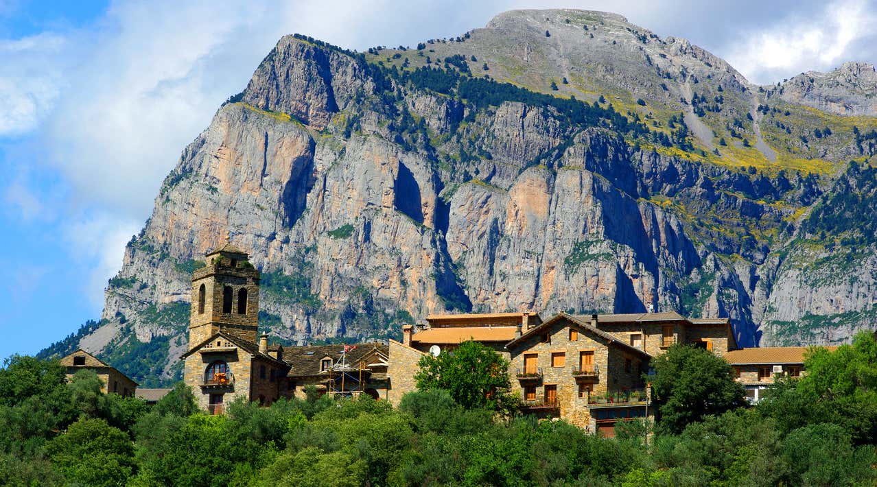 Stunning mountain landscape in Ainsa with old monastery and hotel, located in the pyrenes, Huesca, Spain
