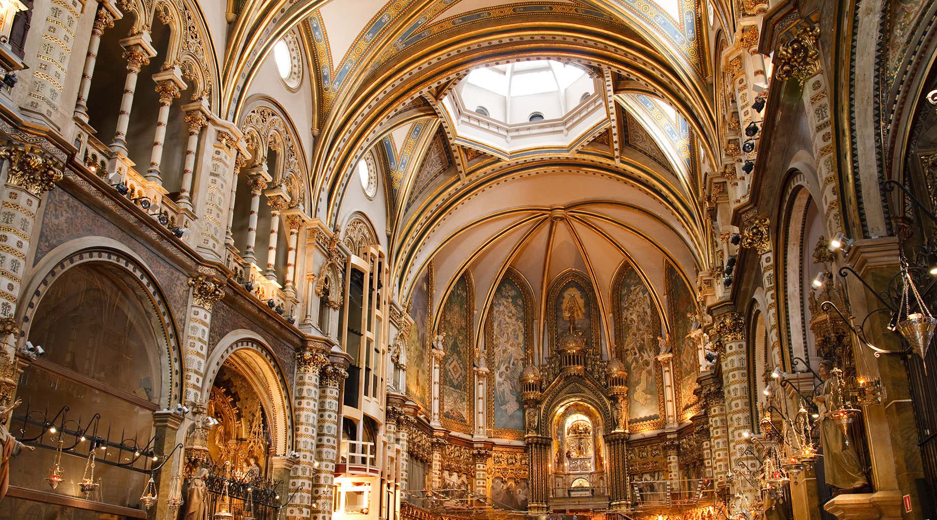 Basilica at the Montserrat Monastery, a spectacularly beautiful Benedictine Abbey high up in the mountains near Barcelona, Catalonia, Spain.