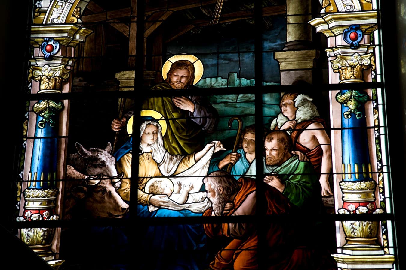 A stained glass window in Stockholm depicting the nativity
