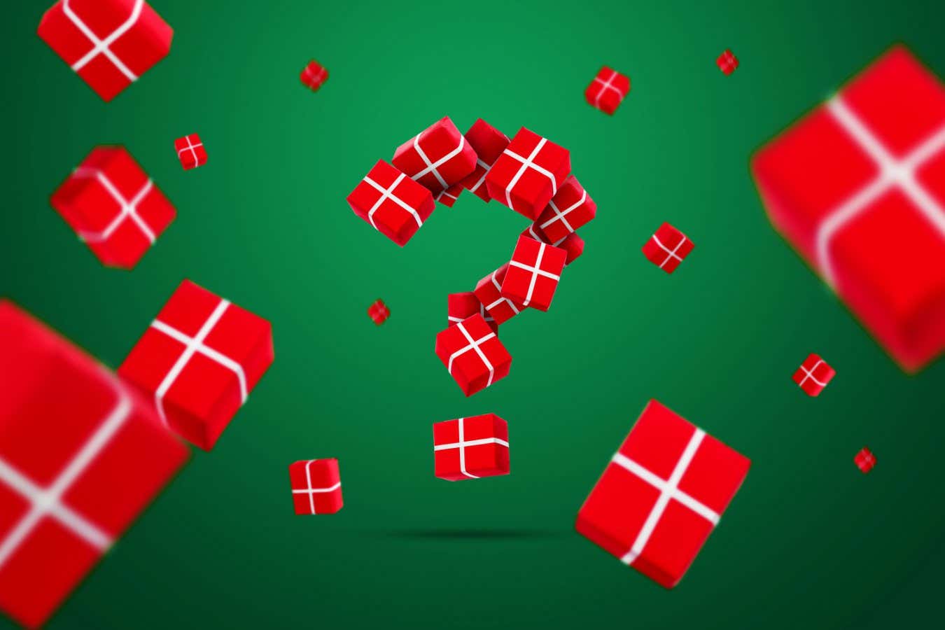 Question mark of gifts on a green background. The question of what to present for the new year. The concept of what to choose a gift.; Shutterstock ID 768612346; purchase_order: -; job: -; client: -; other: -