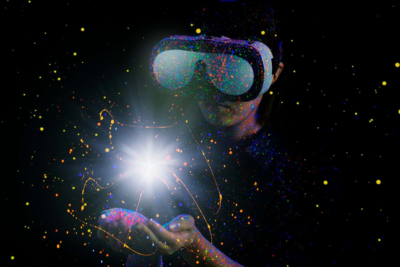 Woman on Color ink illuminating with black light,Using a virtual reality headset