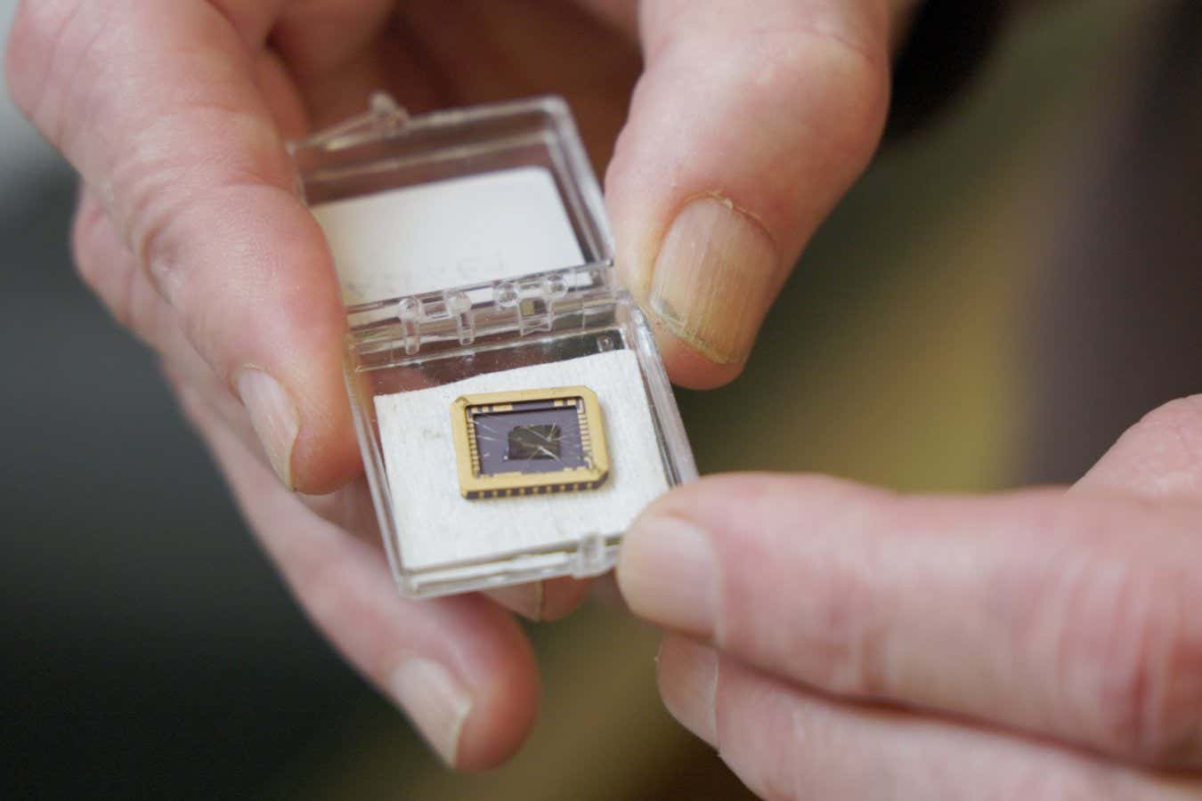 The team's graphene device, grown on a silicon carbide substrate chip