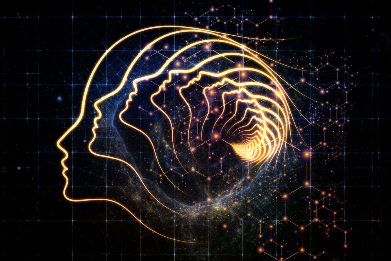 Out of Your Mind Science series. Arrangement of spiral of human silhouette face line and abstract elements on the subject of consciousness, the mind, artificial intelligence and technology; Shutterstock ID 1783516466; purchase_order: -; job: -; client: -; other: -