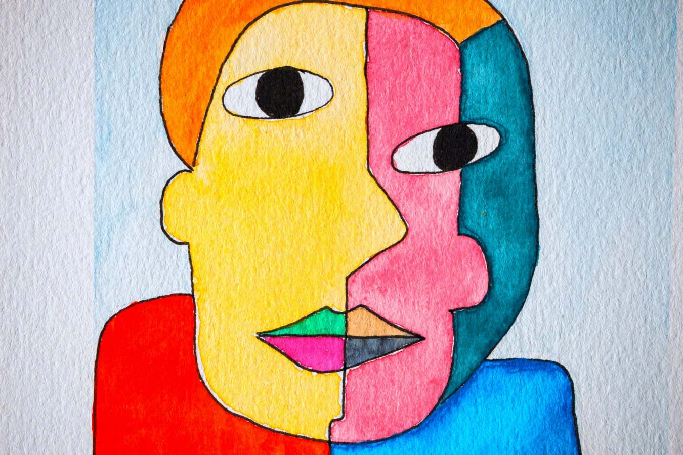 Portrait painted in watercolor in a picassian and naive style.