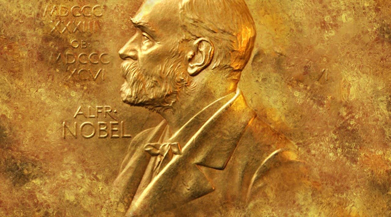 Gold embossed image with portrait image of Nobel Stockholm
