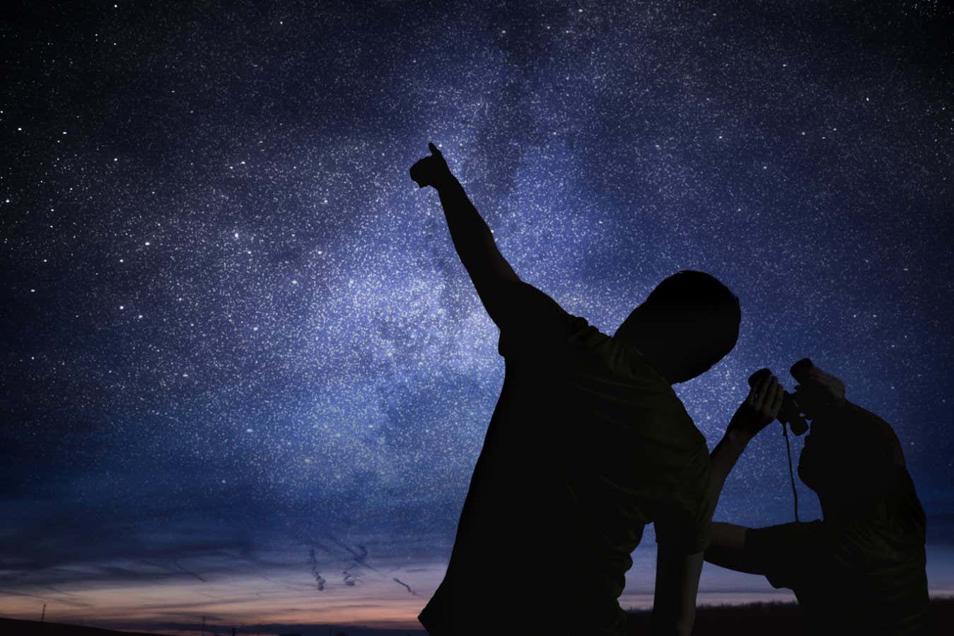 Silhouettes of people observing stars in night sky. Astronomy concept.; Shutterstock ID 586441904; purchase_order: -; job: -; client: -; other: -