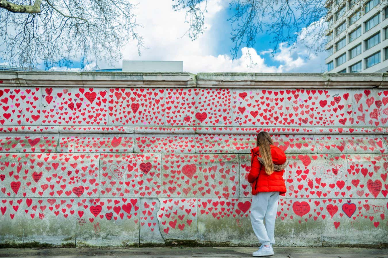 2F7CCFA London, UK. 6 Apr 2021. After a week the wall nears its completion, stretching all the way to Lambeth Bridge - The national Covid Memorial Wall outside St Thomas' Hospital on the southbank. Family and friends of some of the more than one hundred and forty-five thousand people who've lost their lives to Covid-19 are drawing hearts by hand on a wall opposite Parliament in London. Each heart represents someone who was loved. Credit: Guy Bell/Alamy Live News