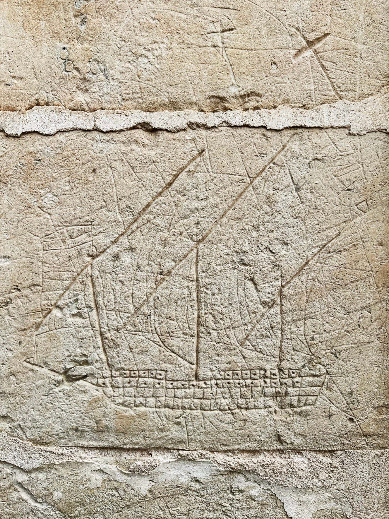 Ship graffito at Our Lady of the Visitation Chapel, Wied Qirda - ?ebbu?, Malta, 2021 - Elyse Tonna