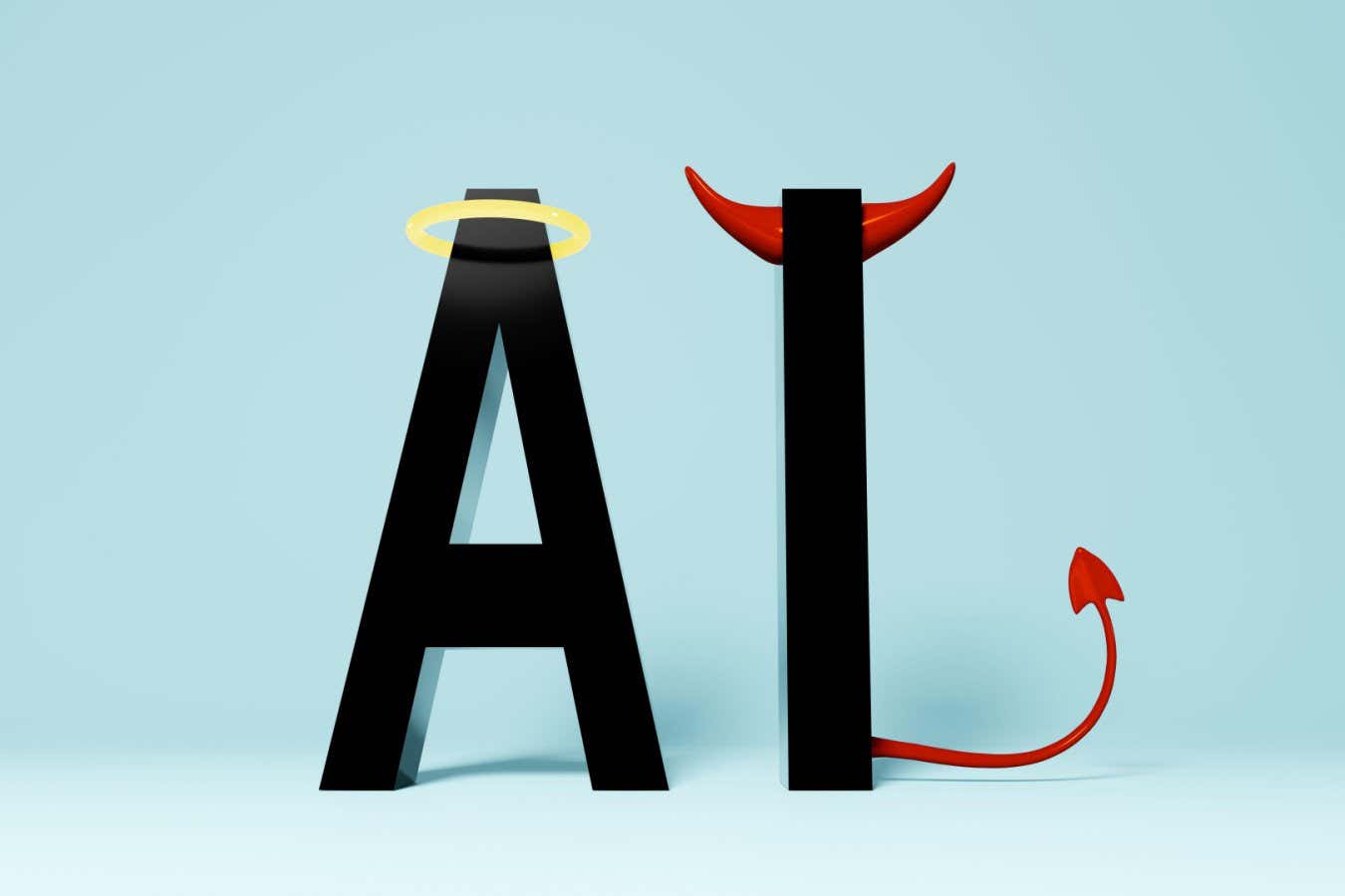 2R6BX6F Illustration of symbolic representations of good and evil AI morality.