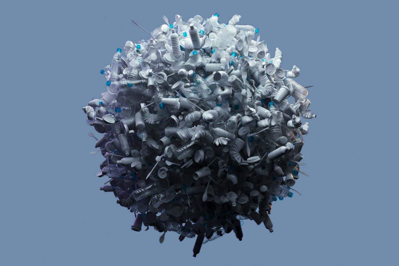 Digital generated image of huge sphere made out of wasted plastic on blue background.