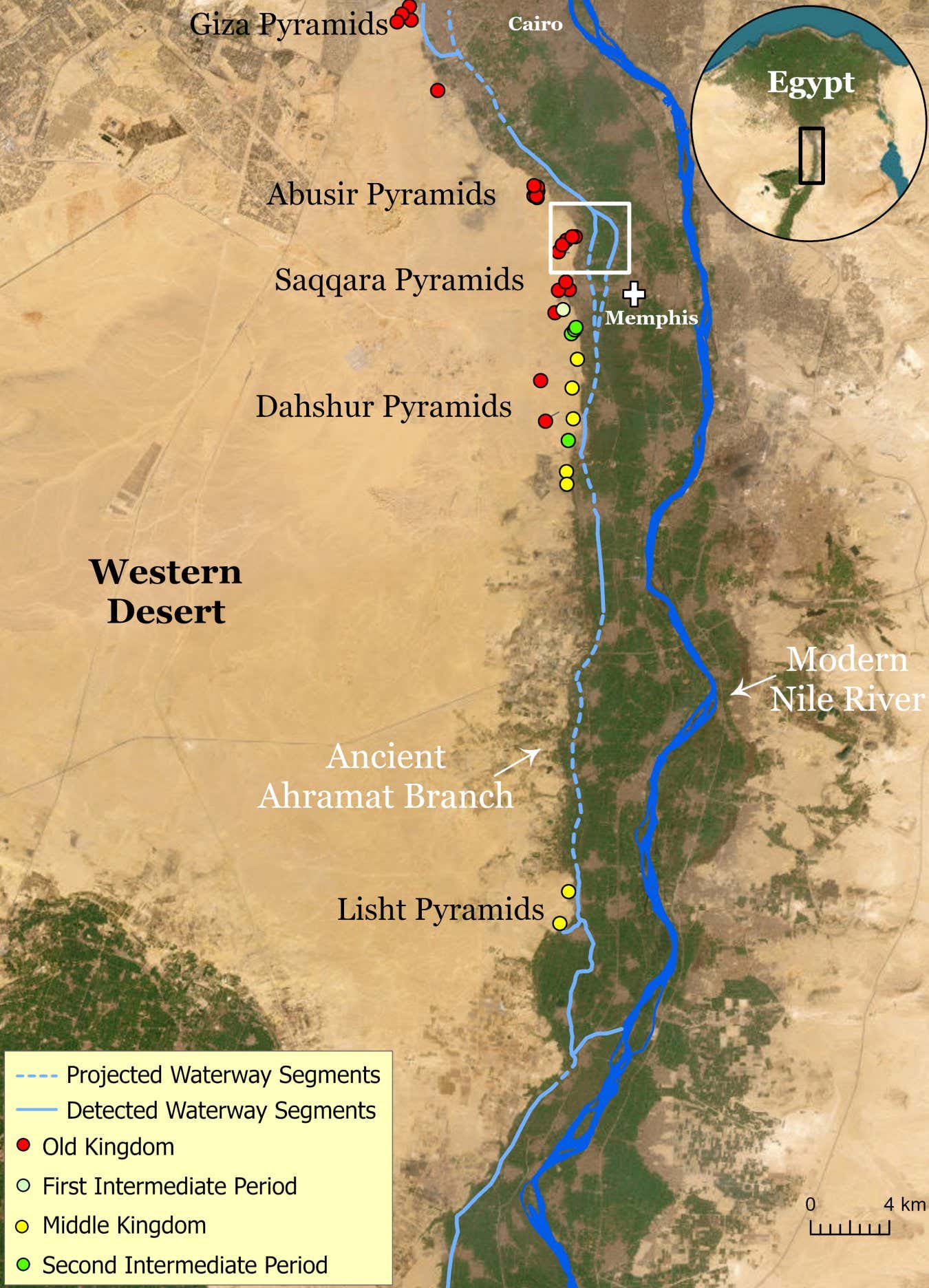 The water course of the ancient Ahramat Branch borders a large number of pyramids dating from the Old Kingdom to the Second Intermediate Period, spanning between the Third Dynasty and the Thirteenth Dynasty. Credit: Eman Ghoneim et al. https://www.nature.com/articles/s43247-024-01379-7
