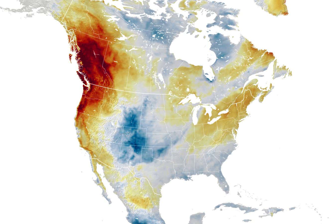 The map shows air temperature anomalies across the continental United States and Canada on June 27, 2021, when the heat intensified and records started to fall. The map is derived from the Goddard Earth Observing System (GEOS) model and depicts air temperatures at 2 meters (about 6.5 feet) above the ground. Red areas are where air temperatures climbed more than 27?F (15?C) higher than the 2014-2020 average for the same day.