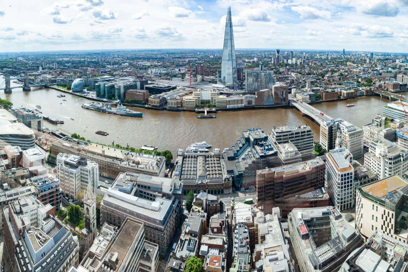 Aerial view of south London including London Bridge, The Shard skyscraper and River Thame