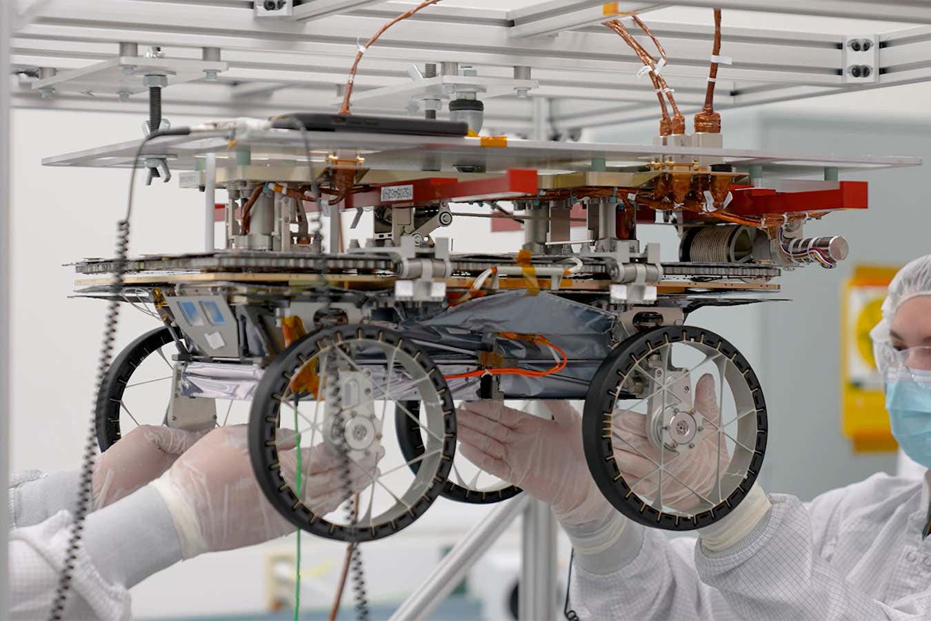 NASA's CADRE rover in a cleanroom at the Jet Propulsion Lab in Pasadena