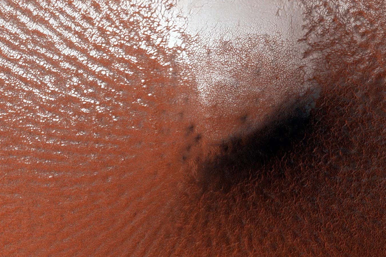 Most surface ice on Mars is temporary. The polar layered deposits are thick stacks of permanent water ice at each pole, and the South Polar residual cap may be a permanent (although dynamic) layer of carbon dioxide ice as seen by NASA's Mars Reconnaissanc