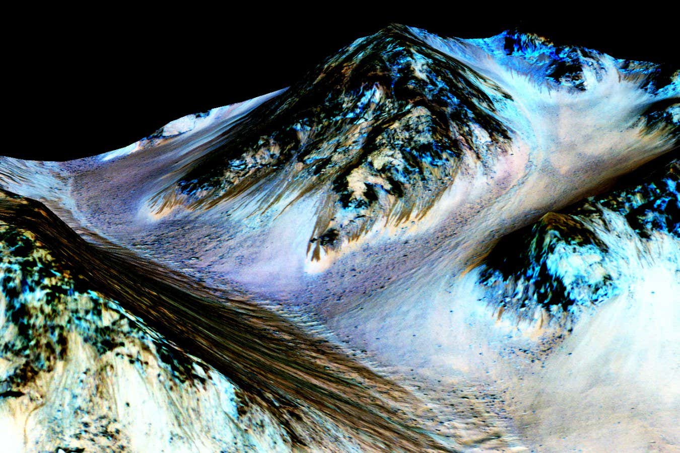 Recurring Lineae on Slopes at Hale Crater, Mars NASA ID: PIA19916 Dark, narrow streaks on Martian slopes such as these at Hale Crater are inferred to be formed by seasonal flow of water on contemporary Mars. The streaks are roughly the length of a football field. The imaging and topographical information in this processed, false-color view come from the High Resolution Imaging Science Experiment (HiRISE) camera on NASA's Mars Reconnaissance Orbiter. These dark features on the slopes are called "recurring slope lineae" or RSL. Planetary scientists using observations with the Compact Reconnaissance Imaging Spectrometer on the same orbiter detected hydrated salts on these slopes at Hale Crater, corroborating the hypothesis that the streaks are formed by briny liquid water. The image was produced by first creating a 3-D computer model (a digital terrain map) of the area based on stereo information from two HiRISE observations, and then draping a ...more Date Created:2015-09-28