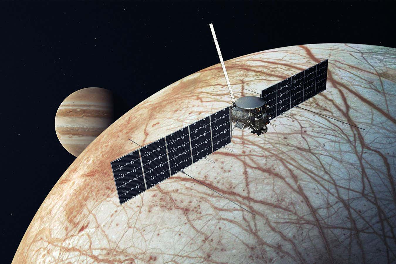 Illustration of NASA's Europa Clipper passing Europa