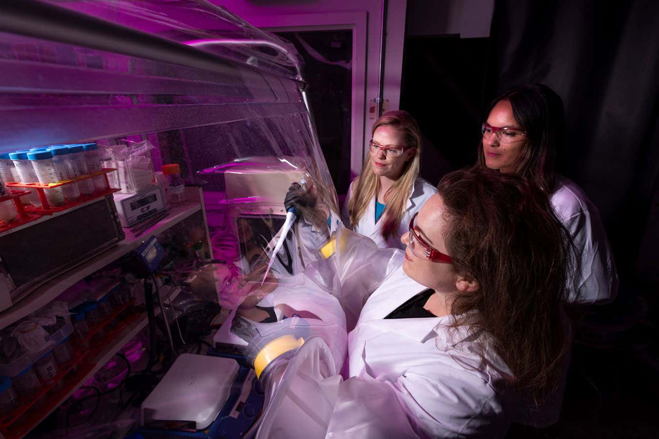 In JPL’s Origins and Habitability Lab, researchers use a sealed chamber to conduct experiments free of oxygen in an effort to replicate the chemistry of early Earth. Shown from left are lab co-lead Laurie Barge and researchers Jessica Weber and Laura Rodriguez.