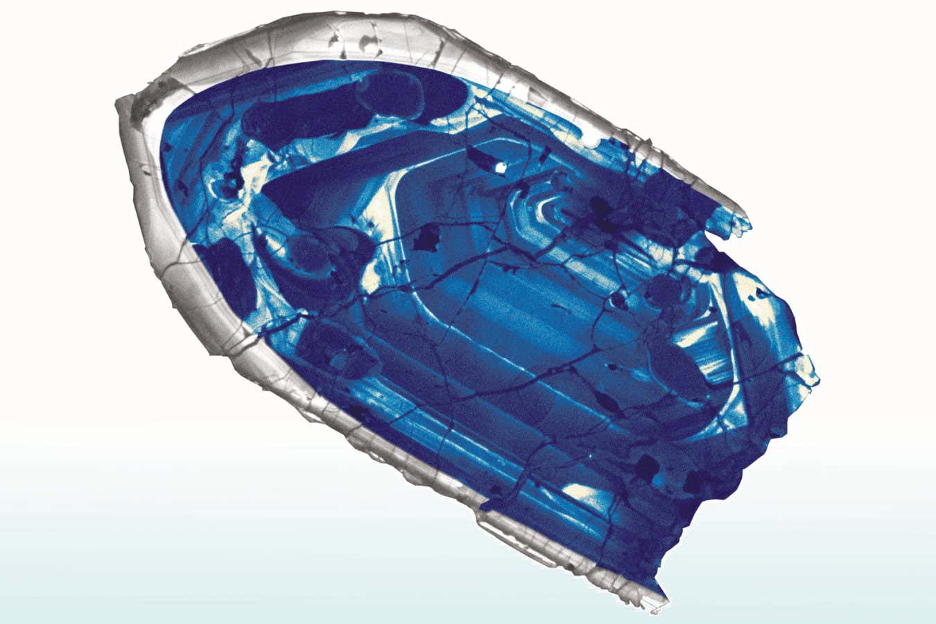 A colourised, microscopic image of a 4.4 billion-year-old zircon