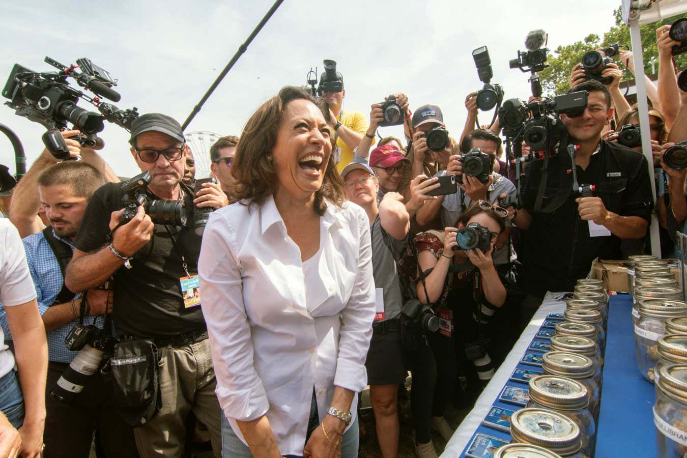 Mandatory Credit: Photo by Joeff Davis/Shutterstock (14611938am) August 10, 2019 - Des Moines, Iowa: California Senator and democratic Presidential candidate Kamala Harris at the 'Cast Your Kernel' election during the Iowa State Fair. Senator Kamala Harris Tours Iowa State Fair, Des Moines - 10 Aug 2019