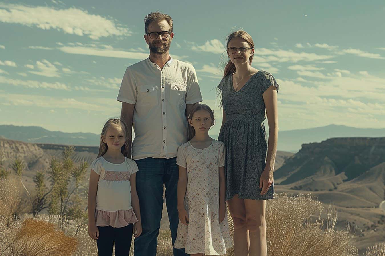 An AI-generated image of a family posing outside with a mountain in the distance