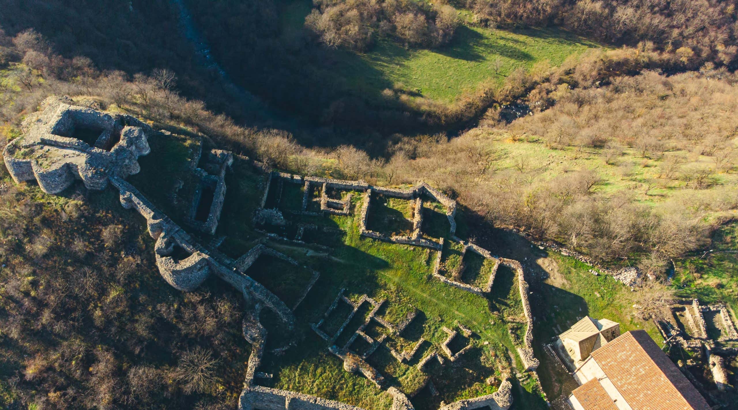 Dmanisi aerial view, medieval town with its Citadel. Georgia