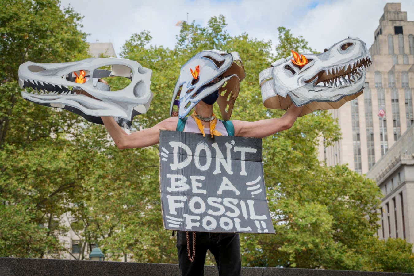 MANHATTAN, NEW YORK, UNITED STATES - 2024/09/20: Participant seen holding a sign at the protest. Youth climate activists and allies rallied and marched through New York City calling on world leaders to tear down the pillars of fossil fuels, shortly before the beginning of the United Nations General Assembly and the concurrent Climate Week NYC. (Photo by Erik McGregor/LightRocket via Getty Images)