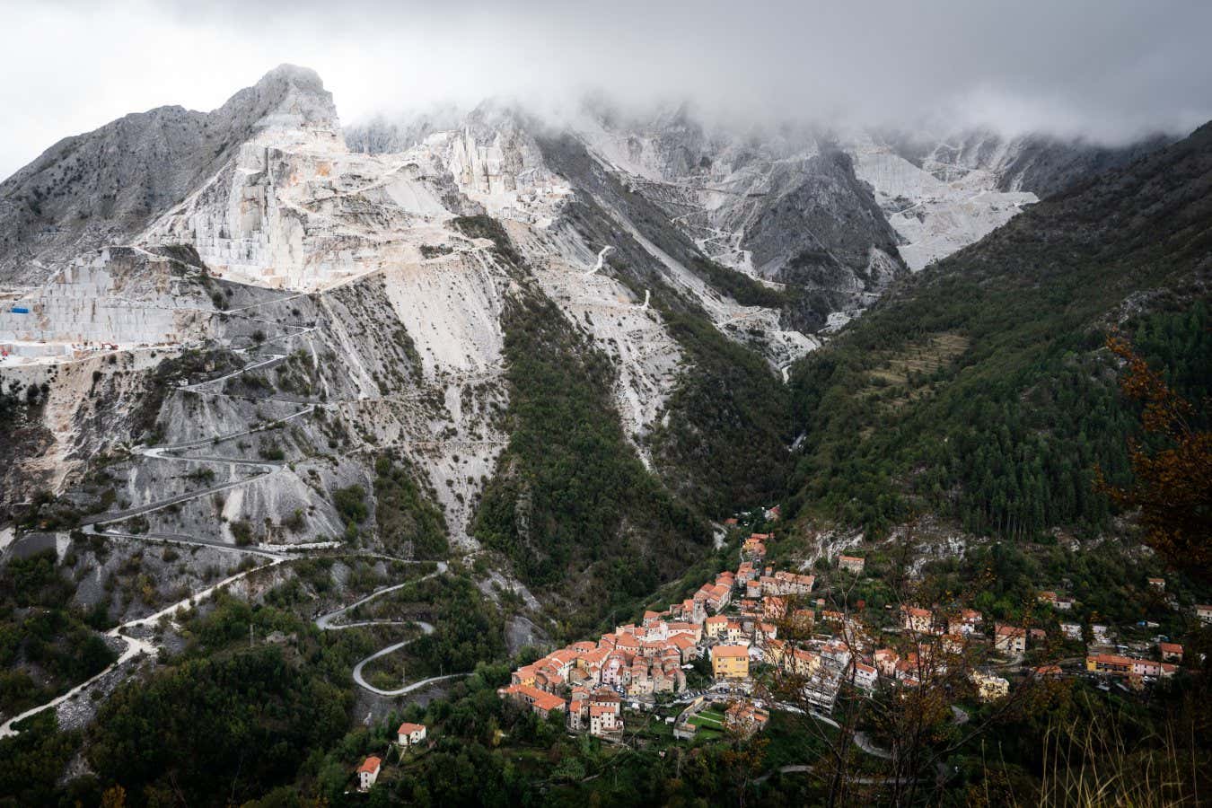 The town of Colonnata (Italy), which lies beneath marble quarries in the Apuan Alps. Colonnata is famous for the lard produced there, and for being inhabited by marble quarrymen.