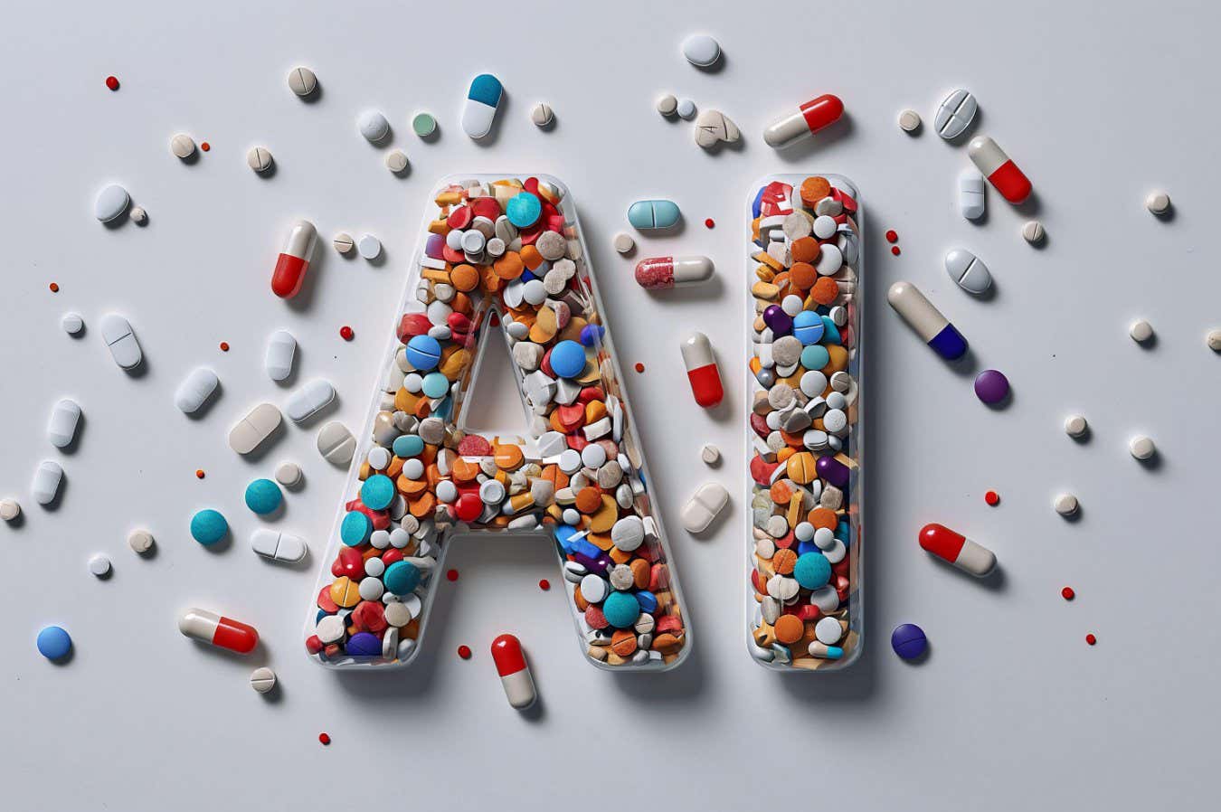2W8RE1K Medical AI outlined by varied pills, showcasing the blend of pharmaceuticals with artificial intelligent tech innovation. Multi colored pills.