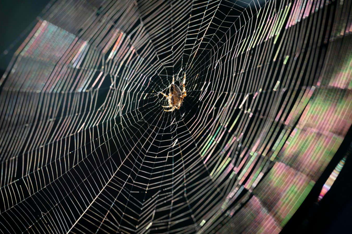 2RTXJED A common garden spider (Araneus diadematus) spins an circular orb web in the back garden of a south London home, on 15th September 2023, in London, England.