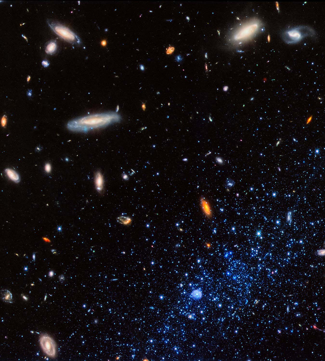 Caption This image from NASA?s James Webb Space Telescope shows a portion of the Leo P dwarf galaxy (stars at lower right represented in blue). Leo P is a star-forming galaxy located about 5 million light-years away in the constellation Leo. A team of scientists collected data from about 15,000 stars in Leo P to deduce its star formation history. They determined that it went through three phases: an initial burst of star formation, a ?pause? that lasted several billion years, and then a new round of star formation that is still continuing. The image from Webb?s NIRCam (Near-Infrared Camera) combines infrared light at wavelengths of 0.9 microns (represented in blue), 1.5 microns (green), and 2.77 microns (red). The stars in Leo P appear blue in comparison to the background galaxies for several reasons. Young, massive stars that are common in star-forming galaxies are predominantly blue. Leo P also is extremely lacking in elements heavier than hydrogen and helium, and the resulting ?metal-poor? stars tend to be bluer than Sun-like stars. A bubble-like structure at bottom center is a region of ionized hydrogen surrounding a hot, massive O-type star. Credits Image NASA, ESA, CSA, Kristen McQuinn (STScI) Image Processing Joseph DePasquale (STScI)